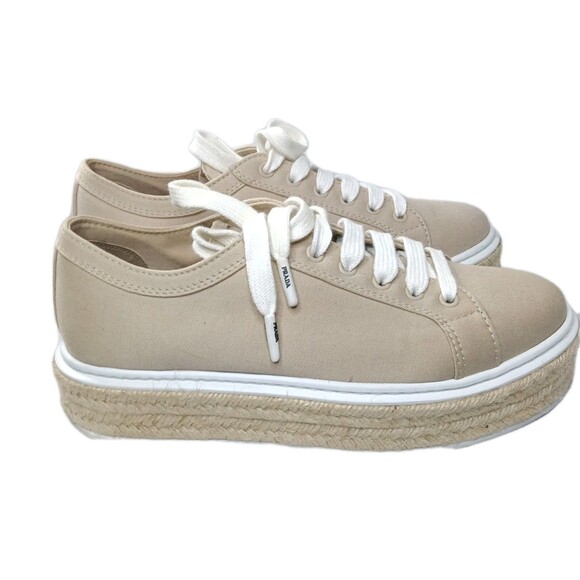Prada Espadrilles Platform Shoes Beige Canvas  Sneakers Women's Size 39 US 9 - Picture 5 of 15